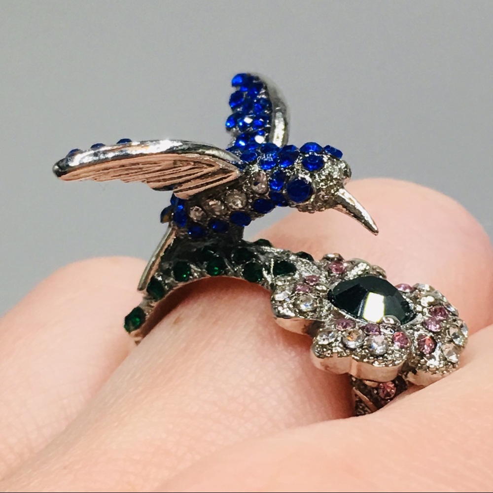 Hummingbird ring Swarovski crystals flower - Picture 6 of 8